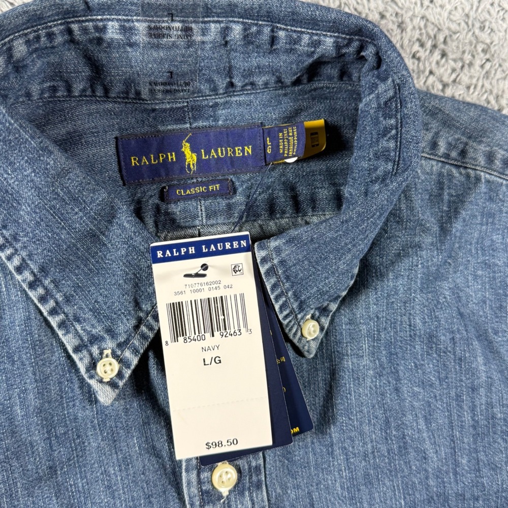 NWT Polo Ralph Lauren Denim Shirt Mens Large Classic Fit Flesh Pony Long Sleeve - Picture 3 of 6